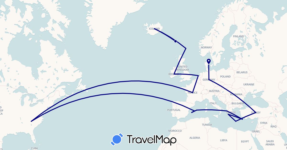 TravelMap itinerary: driving in Germany, Denmark, Spain, Faroe Islands, France, United Kingdom, Greece, Ireland, Iceland, Netherlands, Turkey, United States (Asia, Europe, North America)